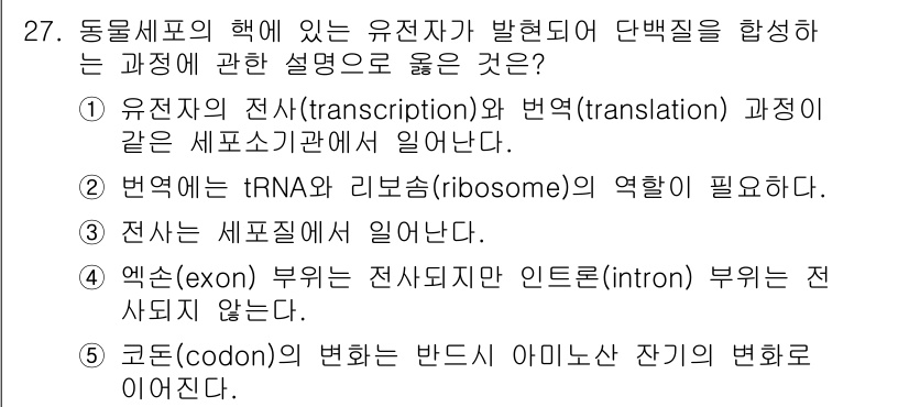 변리사_1차(3교시) 2024년 27번 - tRNA와 리보솜은 단백질 합성 과정에서 필수적인 역할을 하여, 유전자 ... 에 관한 핵심 기출문제