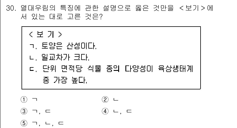 변리사_1차(3교시) 2024년 30번 - 번 (일교차가 크다).

열대우림은 고온다습한 기후가 특징이며, 이 지역... 에 관한 핵심 기출문제