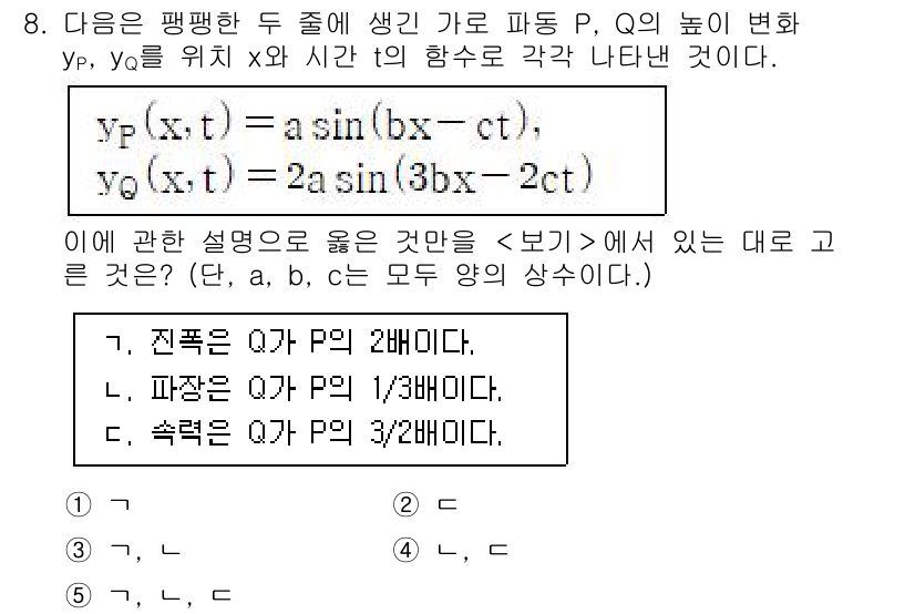 변리사_1차(3교시) 2024년 8번 - 주어진 수식은 파동의 형태를 나타내며, y, yₚ는 각각 두 파동의 변위... 에 관한 핵심 기출문제