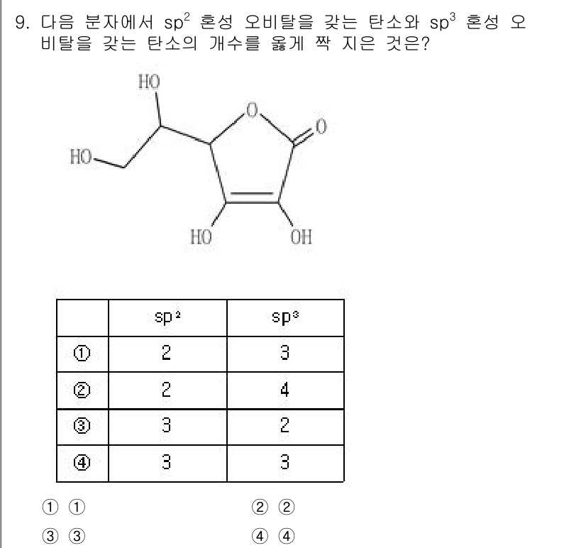 9급_지방직_공무원_공업화학 2023년 9번 - 주어진 분자는 sp²와 sp³ 혼성 오비탈을 포함하고 있습니다. 이 분자... 에 관한 핵심 기출문제