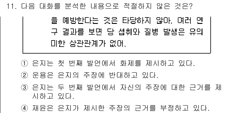 9급_지방직_공무원_국어 2023년 11번 - 4번은 제시된 주장에 근거를 부정하고 있어, 다른 선택지들과 달리 논의의... 에 관한 핵심 기출문제