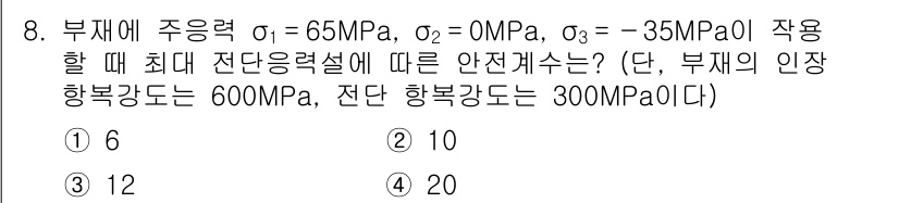 9급_지방직_공무원_기계설계 2023년 8번 - 부재의 주응력을 고려할 때, 최대 전단응력은 응력 변환식을 통해 계산할 ... 에 관한 핵심 기출문제