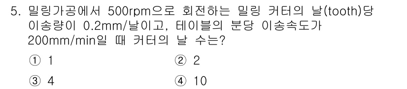 9급_지방직_공무원_기계일반 2023년 5번 - 밀링 커터의 이송량을 계산하는 공식은 다음과 같습니다: 

이송량 = 회... 에 관한 핵심 기출문제