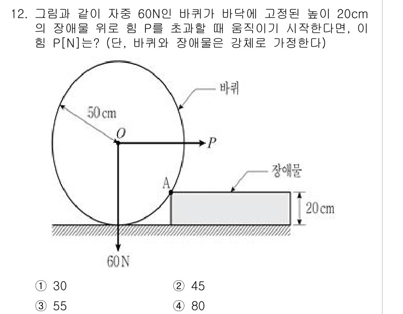 9급_지방직_공무원_응용역학개론 2023년 12번 - 이 문제는 바퀴가 장애물 위로 올라갈 때의 힘 P를 계산하는 것입니다. ... 에 관한 핵심 기출문제