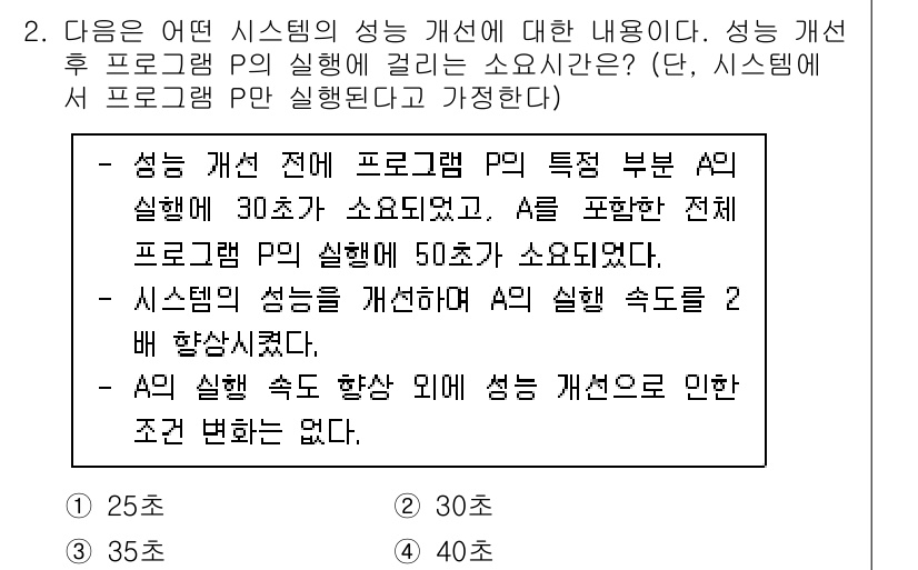9급_지방직_공무원_컴퓨터일반 2023년 2번 - 문제에서 제시된 상황에서 프로그램 P의 성능이 개선되어 수행 시간이 30... 에 관한 핵심 기출문제