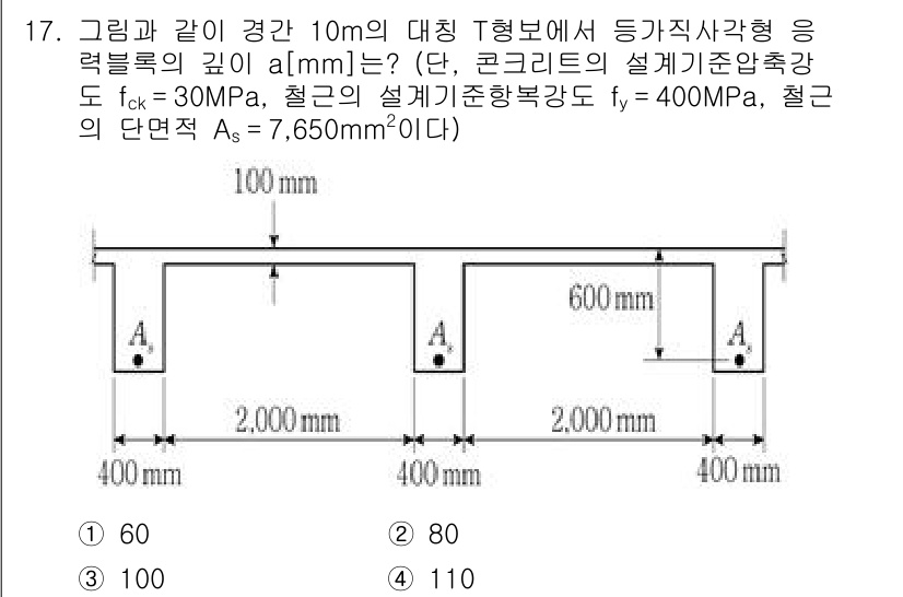 9급_지방직_공무원_토목설계 2023년 17번 - 주어진 문제는 변형된 T형 단면의 강도설계를 요구합니다. 철근의 설계강도... 에 관한 핵심 기출문제
