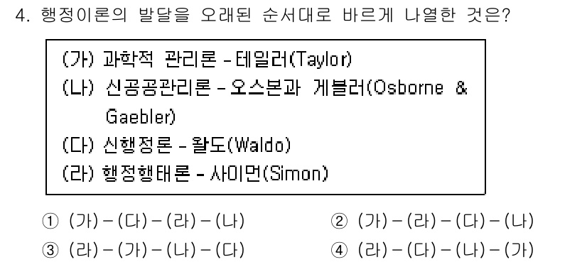 9급_지방직_공무원_행정학개론 2023년 4번 - 정답: (가) 과학적 관리론 - 테일러(Taylor)는 과학적 방법을 통... 에 관한 핵심 기출문제