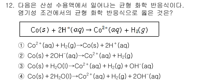 9급_지방직_공무원_화학 2023년 12번 - 주어진 화학 반응식에서 코발트(II) 이온(Co²⁺)과 수소 이온(H⁺)... 에 관한 핵심 기출문제