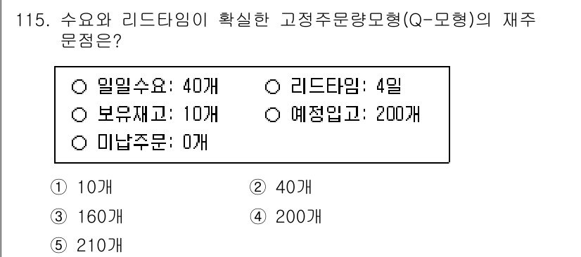 가맹거래사 2024년 115번 - 고정주문량(Q-모형)에서는 재주문점이 평균 수요와 리드타임의 곱으로 계산... 에 관한 핵심 기출문제
