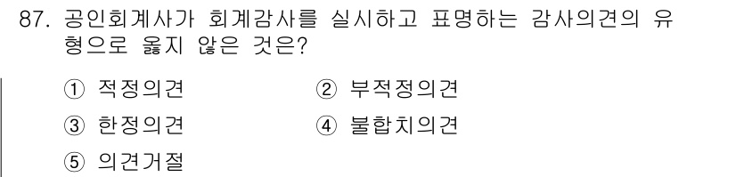 가맹거래사 2024년 87번 - . 불합치의견

핵심 해설: 불합치의견은 회계감사에서 의견의 일치가 아닌... 에 관한 핵심 기출문제