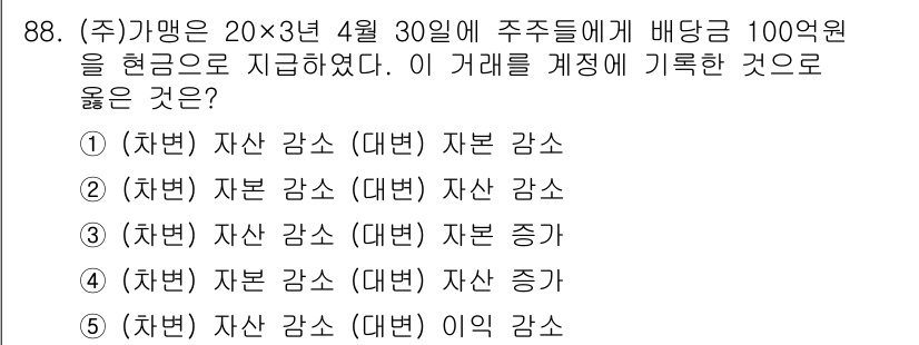 가맹거래사 2024년 88번 - 이 거래는 회사 자산을 감소시키는 배당금을 지급하는 것으로, 주식의 자본... 에 관한 핵심 기출문제