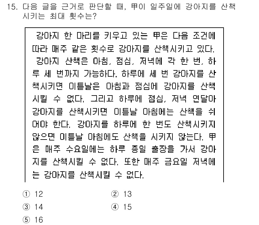 PSAT_상황판단 2024년 15번 - 강아지에게 상황 판단을 할 때, 주어진 조건에 따라 강아지가 선호하는 옵... 에 관한 핵심 기출문제