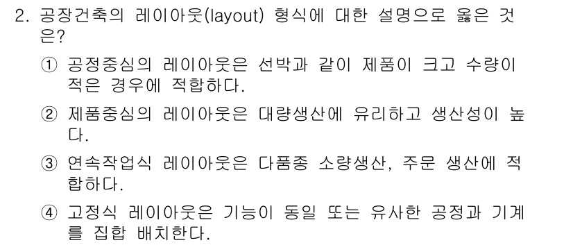 9급_국가직_공무원_건축계획 2024년 2번 - 공정정심의 레이아웃은 선택과 같이 제품이 큰 흐름에서 적게 분산되어 배치... 에 관한 핵심 기출문제