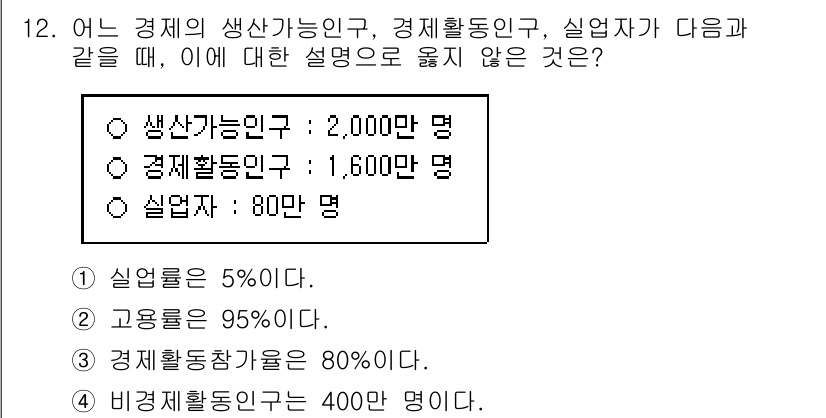 9급_국가직_공무원_경제학개론 2024년 12번 - 정답이 2인 이유는 경제활동인구의 개념과 관련된 설명이 잘못되었기 때문입... 에 관한 핵심 기출문제