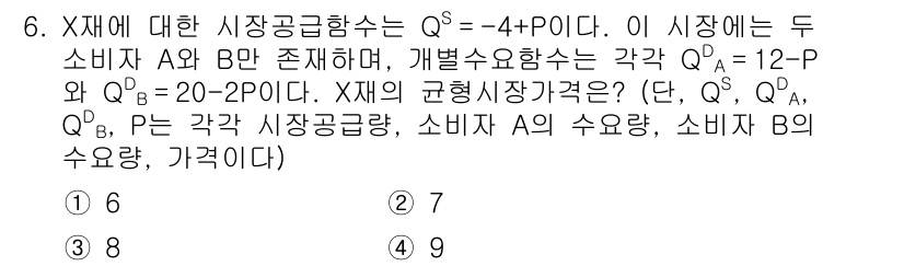 9급_국가직_공무원_경제학개론 2024년 6번 - 이 문제는 시장의 공급 및 수요를 통해 균형 가격을 찾는 것이다. A 소... 에 관한 핵심 기출문제