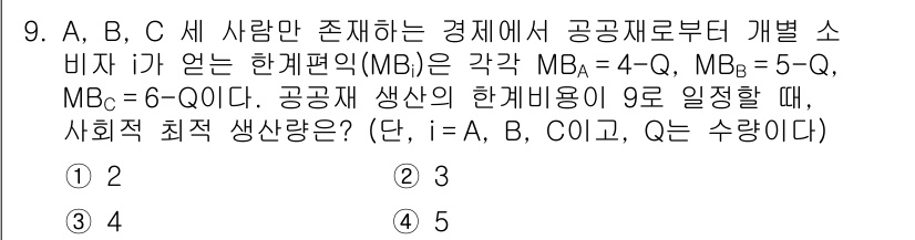 9급_국가직_공무원_경제학개론 2024년 9번 - 주어진 문제에서는 공공재의 총 한계비용이 사회적 최적 생산량을 결정하는 ... 에 관한 핵심 기출문제