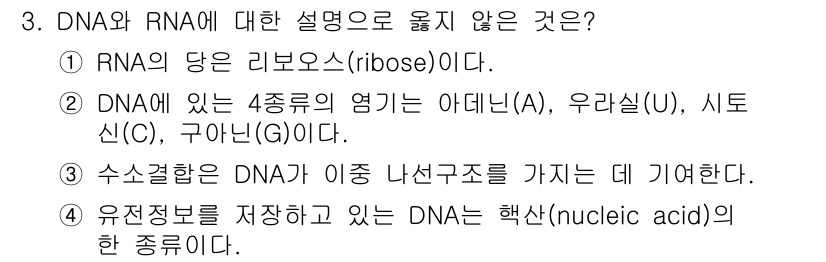 9급_국가직_공무원_공업화학 2024년 3번 - . RNA에 있는 4종류의 염기는 아데닌(A), 우라실(U), 시토신(C... 에 관한 핵심 기출문제