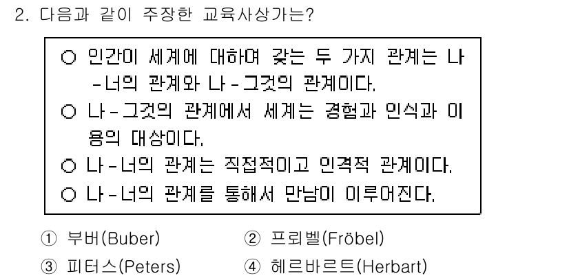 9급_국가직_공무원_교육학개론 2024년 2번 - .  
정답인 이유: 부부르(Buber)는 "나는 너(Ni)" 관계를 강... 에 관한 핵심 기출문제