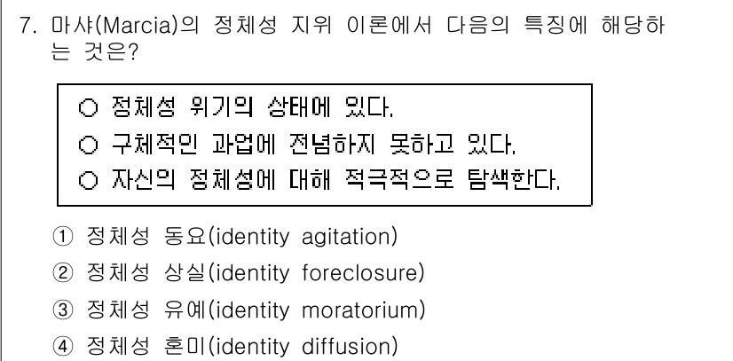 9급_국가직_공무원_교육학개론 2024년 7번 - 마샤의 정체성 이론에서 '정체성 위기' 단계에 있는 사람은 사회적 역할이... 에 관한 핵심 기출문제
