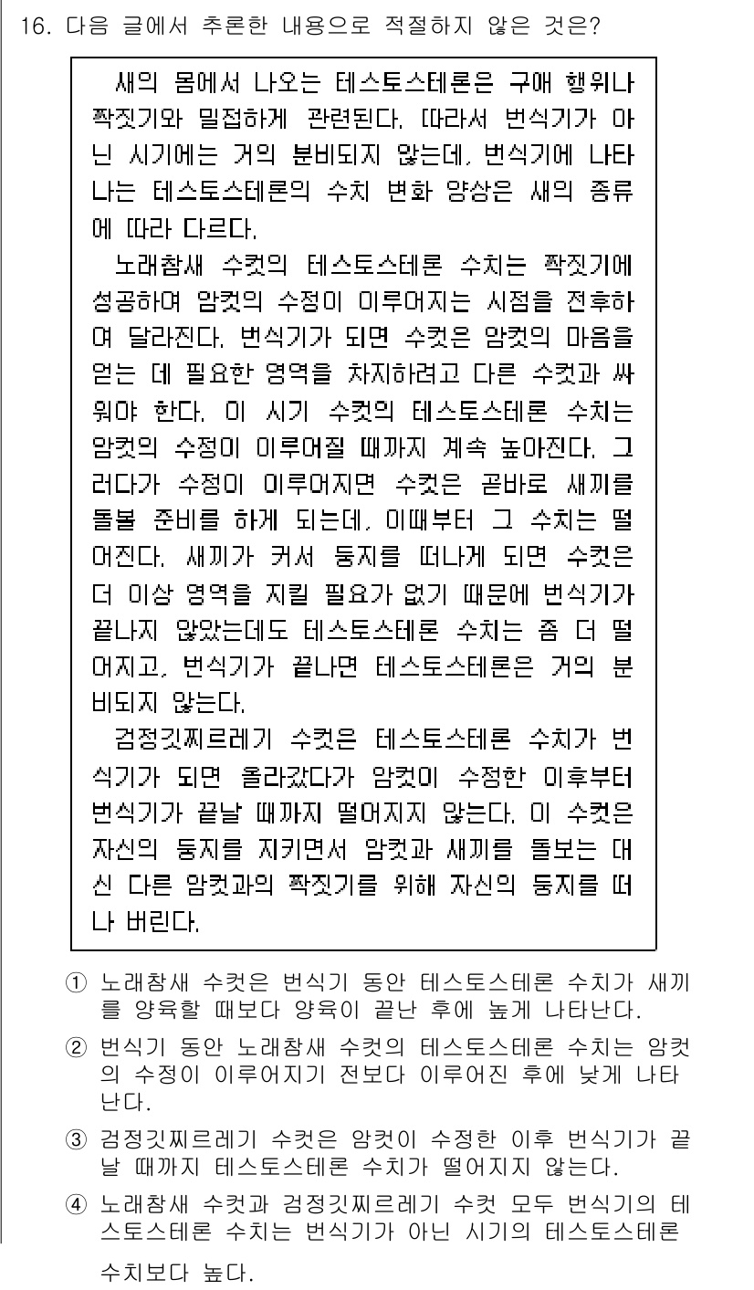 9급_국가직_공무원_국어 2024년 16번 - 이유: 텔레비전에서 보여지는 테스토스테론 수치의 측정은 주관적 요인에 영... 에 관한 핵심 기출문제
