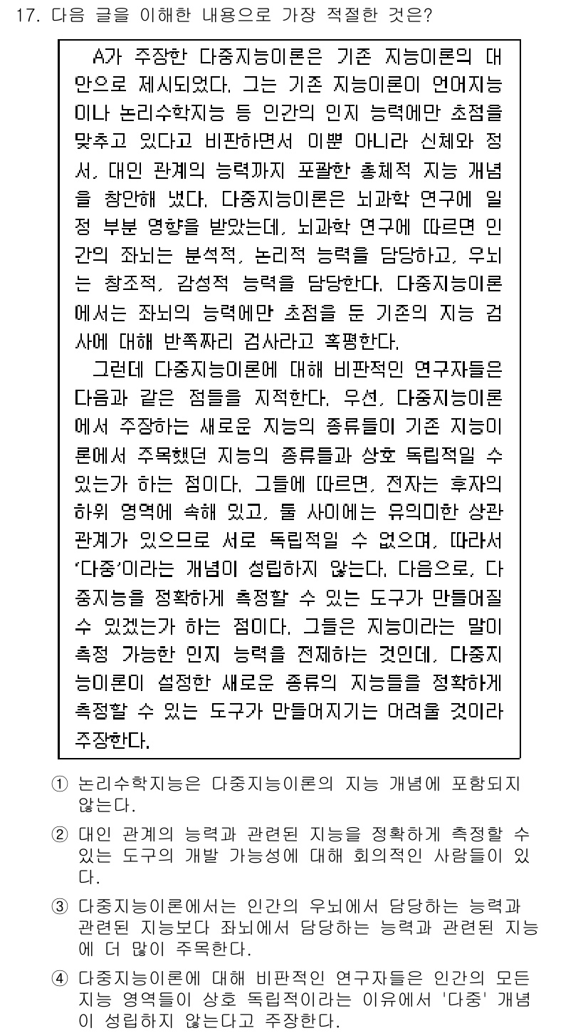 9급_국가직_공무원_국어 2024년 17번 - 정답 2번은 위의 글에서 다루고 있는 연구주제가 특정 지능의 정의와 측정... 에 관한 핵심 기출문제