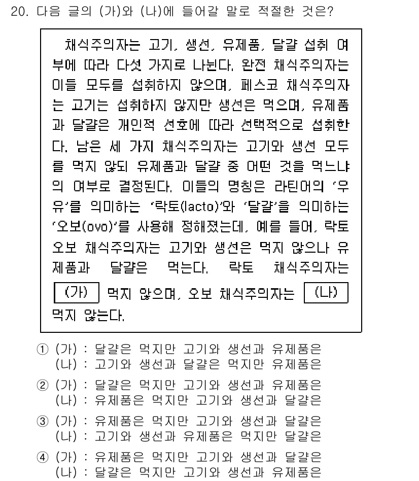 9급_국가직_공무원_국어 2024년 20번 - 정답 4번은 '배와 채소를 같은 선상에 놓는 것이 적절함'으로, 식물의 ... 에 관한 핵심 기출문제