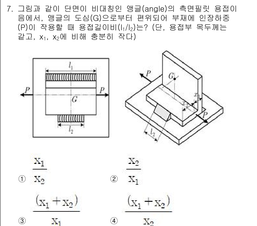 9급_국가직_공무원_기계설계 2024년 7번 - 문제에서는 비대칭 앵글의 축면 필릿 용접에서 앵글의 도심(G)으로부터 편... 에 관한 핵심 기출문제