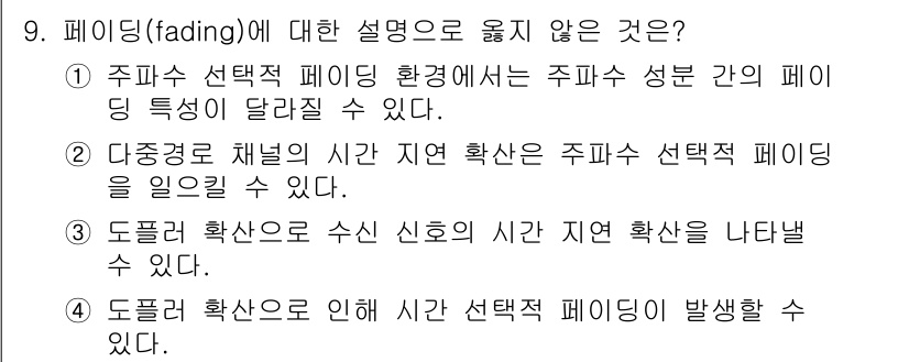 9급_국가직_공무원_무선공학개론 2024년 9번 - 도플러 확장은 수신 신호의 시간 지연을 초래하지 않기 때문에 무선 통신에... 에 관한 핵심 기출문제
