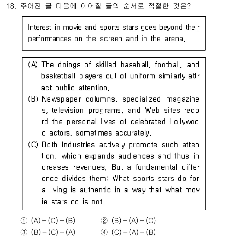 9급_국가직_공무원_영어 2024년 18번 - 정답은 (2)입니다. 이 문장은 영화와 스포츠 스타의 매력을 비교하며, ... 에 관한 핵심 기출문제