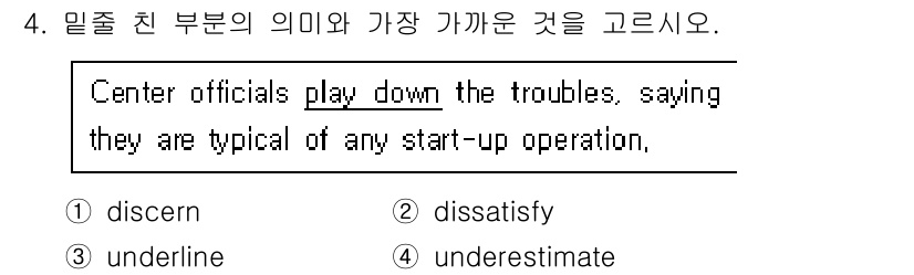 9급_국가직_공무원_영어 2024년 4번 - . "play down"은 어떤 것의 중요성을 줄이거나 과소평가한다는 의... 에 관한 핵심 기출문제