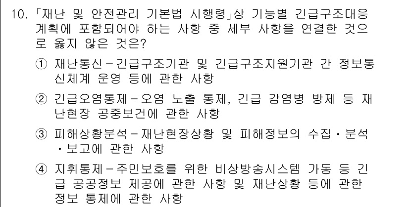 9급_국가직_공무원_재난관리론 2024년 10번 - . 지휘체계는 재난관리와 관련된 내용이 아니며, 재난통신이나 정보 운영,... 에 관한 핵심 기출문제