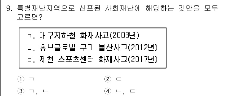 9급_국가직_공무원_재난관리론 2024년 9번 - 특별재난지역으로 선포된 사회재난은 대규모 재해로 인해 주민의 생명과 재산... 에 관한 핵심 기출문제