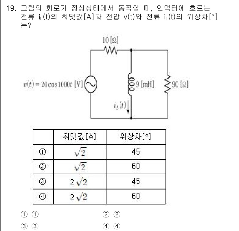 9급_국가직_공무원_전기이론 2024년 19번 - 주어진 회로에서 전압 \( v(t) \)는 \( 20\cos(10000t... 에 관한 핵심 기출문제