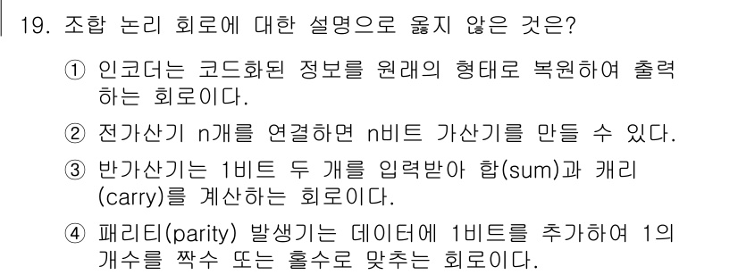 9급_국가직_공무원_전자공학개론 2024년 19번 - . 

코드화된 정보를 원래 형태로 복원하는 회로는 디코더로, 주어진 설... 에 관한 핵심 기출문제
