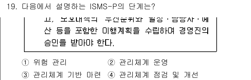 9급_국가직_공무원_정보보호론 2024년 19번 - . ISMS-P의 단계는 위험 관리가 핵심 요소로 포함되어 있어야 하며,... 에 관한 핵심 기출문제