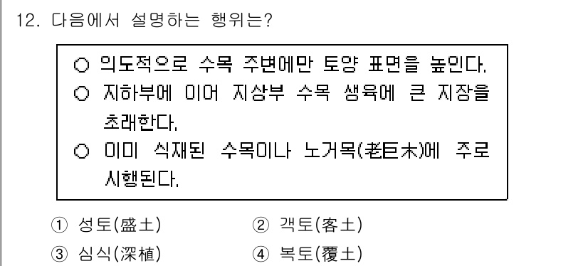 9급_국가직_공무원_조경학 2024년 12번 - 정답인 이유는 미세식재된 수목이 노거수의 주요 생장에 긍정적인 영향을 미... 에 관한 핵심 기출문제