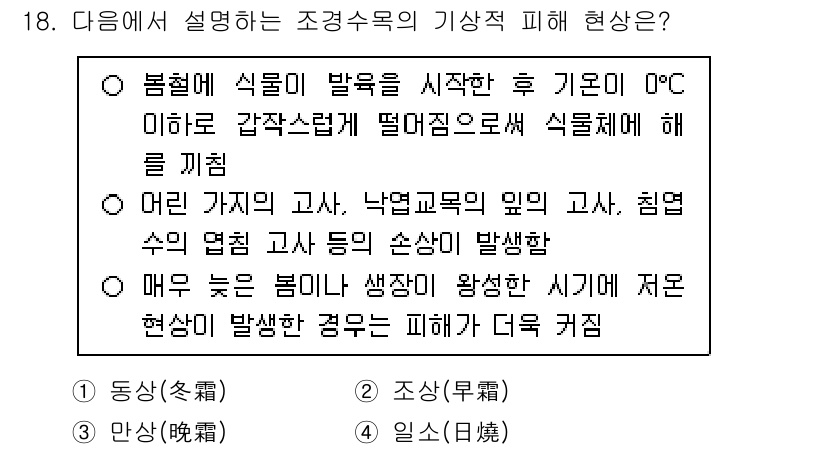 9급_국가직_공무원_조경학 2024년 18번 - 봄철에 식물이 발육을 시작하는 시기에 기온이 0도 이하로 떨어지면, 식물... 에 관한 핵심 기출문제