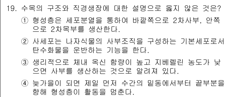 9급_국가직_공무원_조림 2024년 19번 - 3번은 "생리적욕은 체내 옥신 항량이 높고 지베렐린 농도가 낮은 상태에서... 에 관한 핵심 기출문제