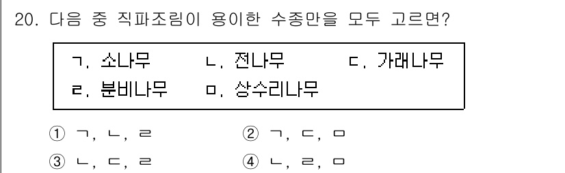 9급_국가직_공무원_조림 2024년 20번 - 소나무와 전나무는 주로 조림에 사용되며, 이 두 수종은 생장 속도가 빠르... 에 관한 핵심 기출문제
