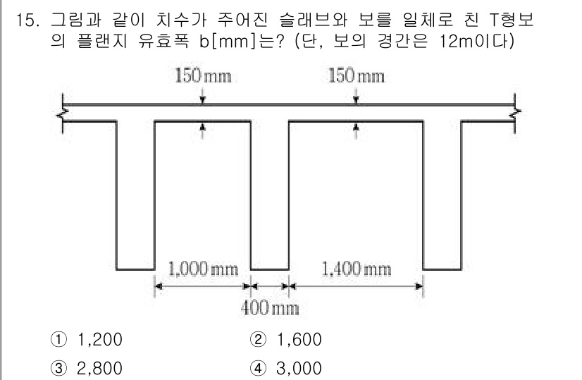 9급_국가직_공무원_토목설계 2024년 15번 - 슬래브와 보의 플랜지 유효폭을 계산할 때, 슬래브의 치수와 보의 폭을 고... 에 관한 핵심 기출문제