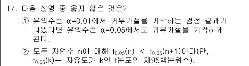9급_국가직_공무원_통계학개론 2024년 17번 - 유의수준이 다를 경우, 기각 결과는 다를 수 있으며, 특정 유의수준에서 ... 에 관한 핵심 기출문제