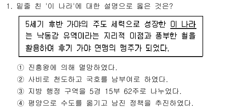 9급_국가직_공무원_한국사 2024년 1번 - 정답인 이유: 5세기 후반부터 가야의 주도 세력은 낙동강 유역으로 집중되... 에 관한 핵심 기출문제