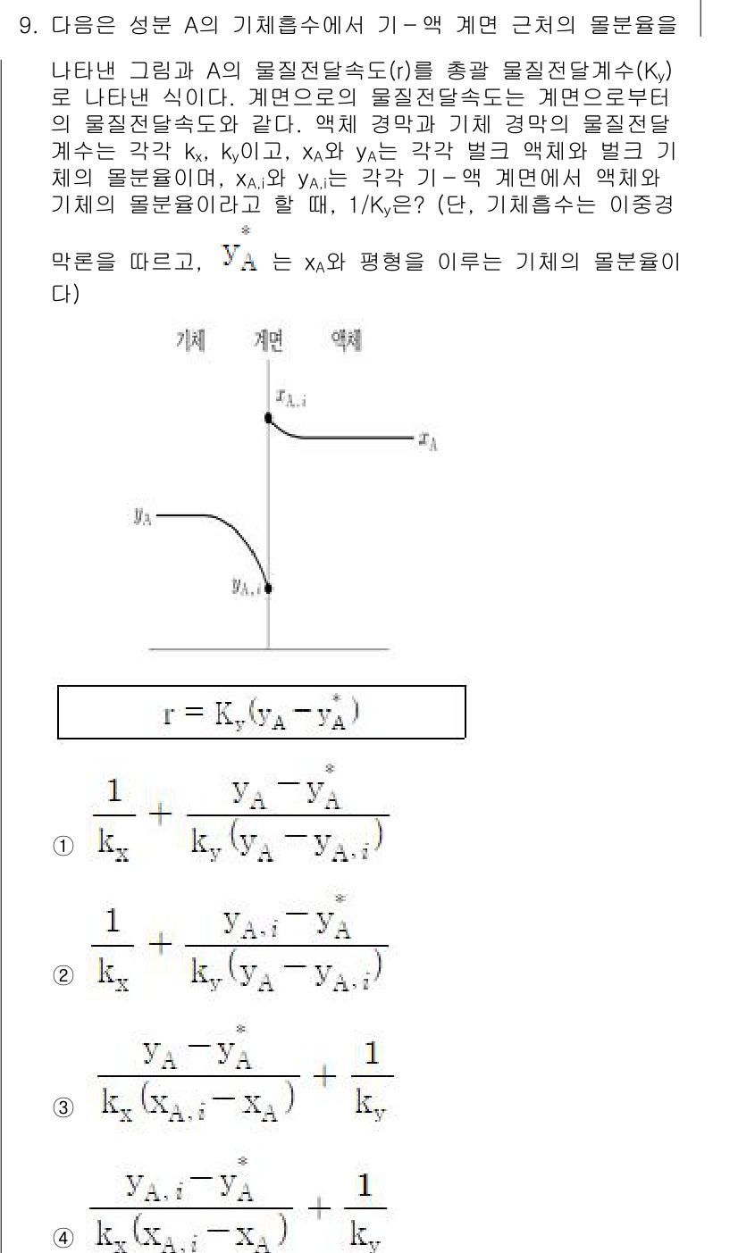 9급_국가직_공무원_화학공학일반 2024년 9번 - 주어진 문제는 기체의 균형에 관한 식을 나타내고 있습니다. 선택지 4는 ... 에 관한 핵심 기출문제