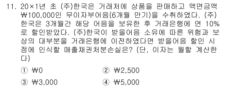 9급_국가직_공무원_회계원리 2024년 11번 - 거래 시 정해진 액면금액이 100,000원이므로, 3개월 이하의 할인율은... 에 관한 핵심 기출문제
