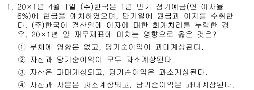 9급_국가직_공무원_회계학 2024년 1번 - 문제에서 제시된 상황은 회계 원칙에 따른 재무제표의 영향에 관한 것이다.... 에 관한 핵심 기출문제