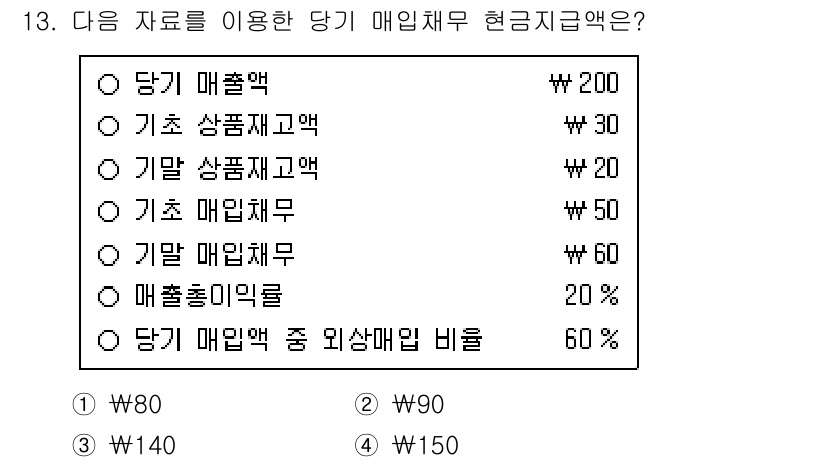 9급_국가직_공무원_회계학 2024년 13번 - 매입채무는 당기 매입액에서 외상매입 비율을 고려해야 하며, 주어진 자료에... 에 관한 핵심 기출문제