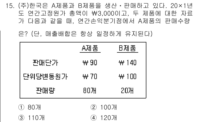 9급_국가직_공무원_회계학 2024년 15번 - . 

제조원가와 판매가격 간의 차이를 고려할 때, A 제품의 단위 이익... 에 관한 핵심 기출문제