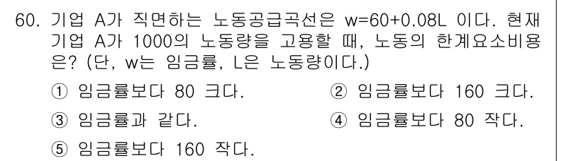 감정평가사_1차_1교시(구) 2024년 60번 - 문제에서 주어진 노동공급선은 \( w = 60 + 0.08L \)이고, ... 에 관한 핵심 기출문제