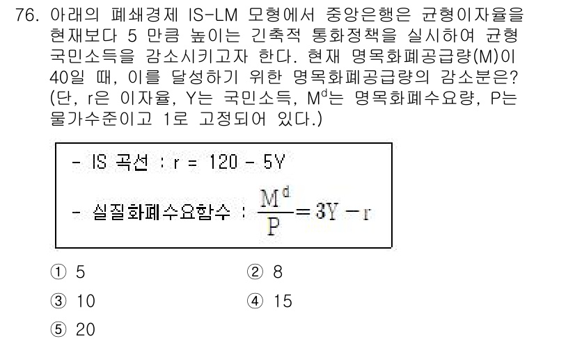 감정평가사_1차_1교시(구) 2024년 76번 - 주어진 IS-LM 모형에서 실질화폐공급량(M)과 실질소득(Y) 간의 관계... 에 관한 핵심 기출문제