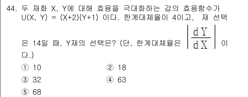 감정평가사_1차_1교시 2024년 44번 - 주어진 효용 함수는 \( U(X, Y) = (X + 2)(Y + 1) \... 에 관한 핵심 기출문제